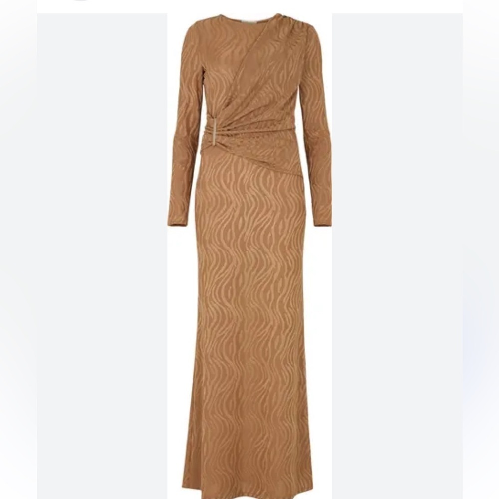 Daska dress Dusty Tan maxi faux wrap long sleeve rose gold bar accent large NEW